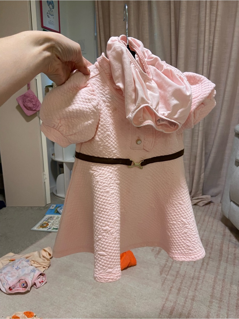 Girls' Pink Quilted Hooded Dress with Belt